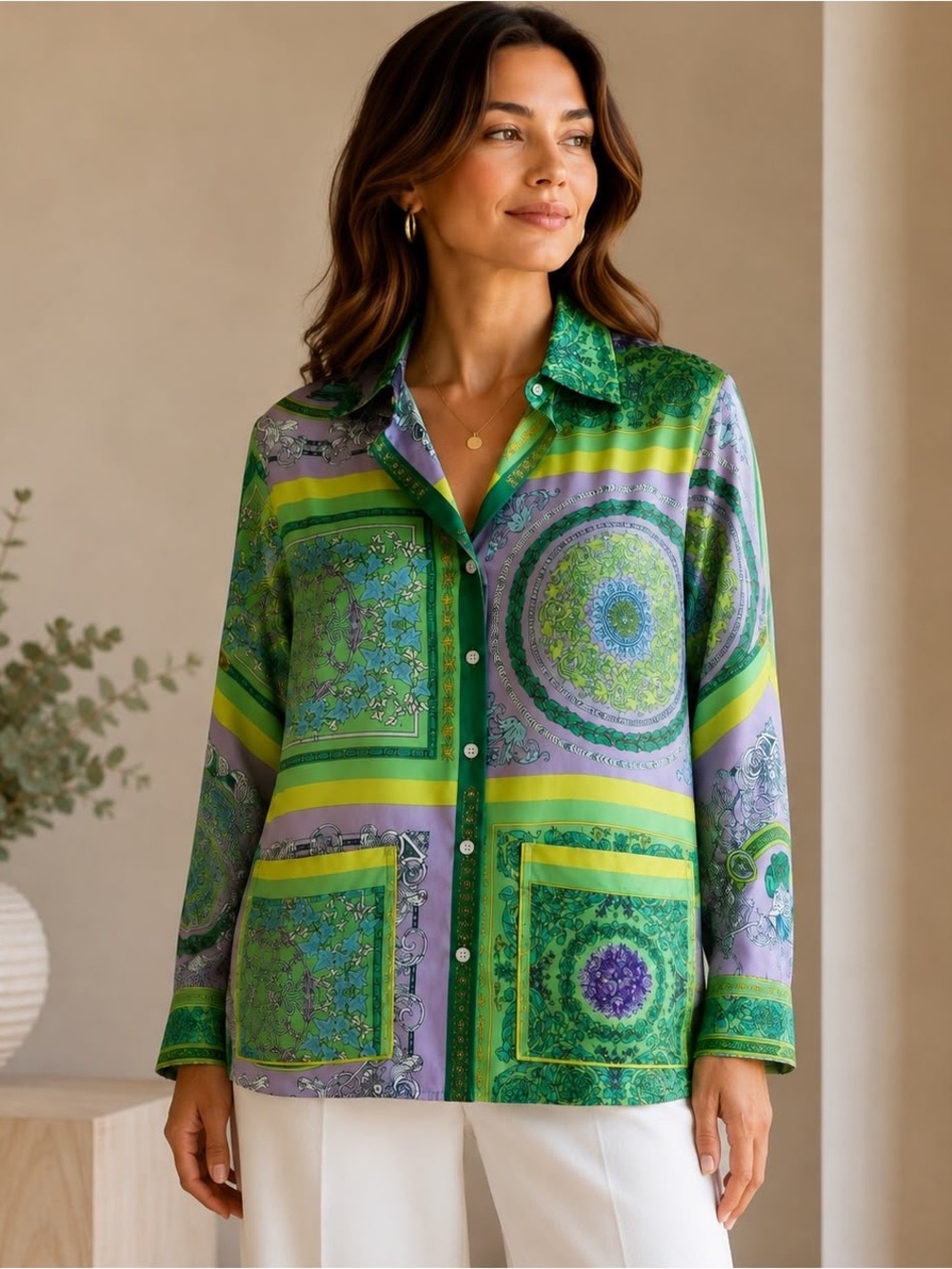 Vintage 90s Style Baroque Print Silk Feel Pajama Blouse Green Purple M/L